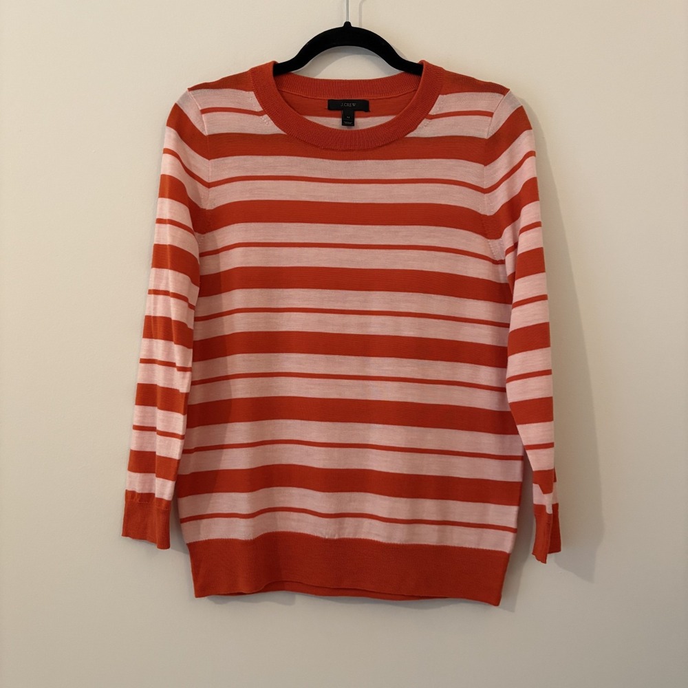 J Crew 100% Merino Wool Tippi Sweater Orange Stripe Sz M Preppy Twee Base Layer